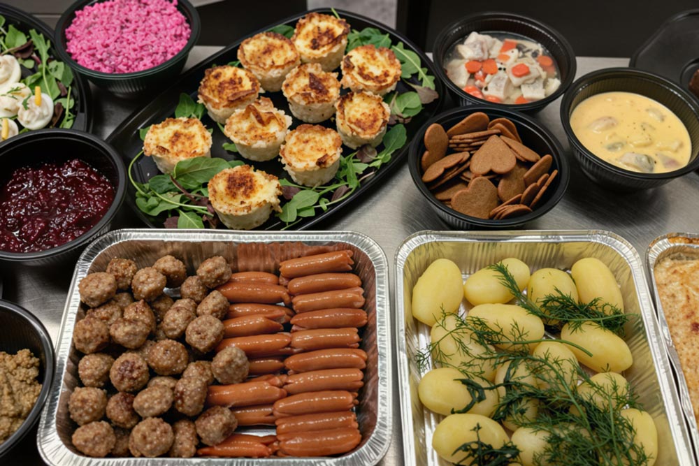 Catering med julbordsrätter som bland annat potatis, prinskorv, köttbullar, rödbetssallad, potatisbakelser och sill